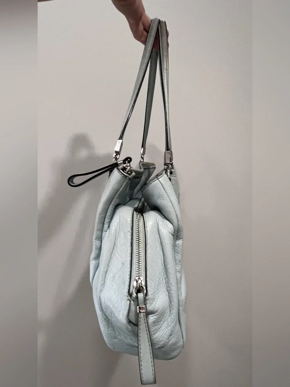 Coach Pebbled Leather Light Blue Triple Compartment Tote Shoulder Bag